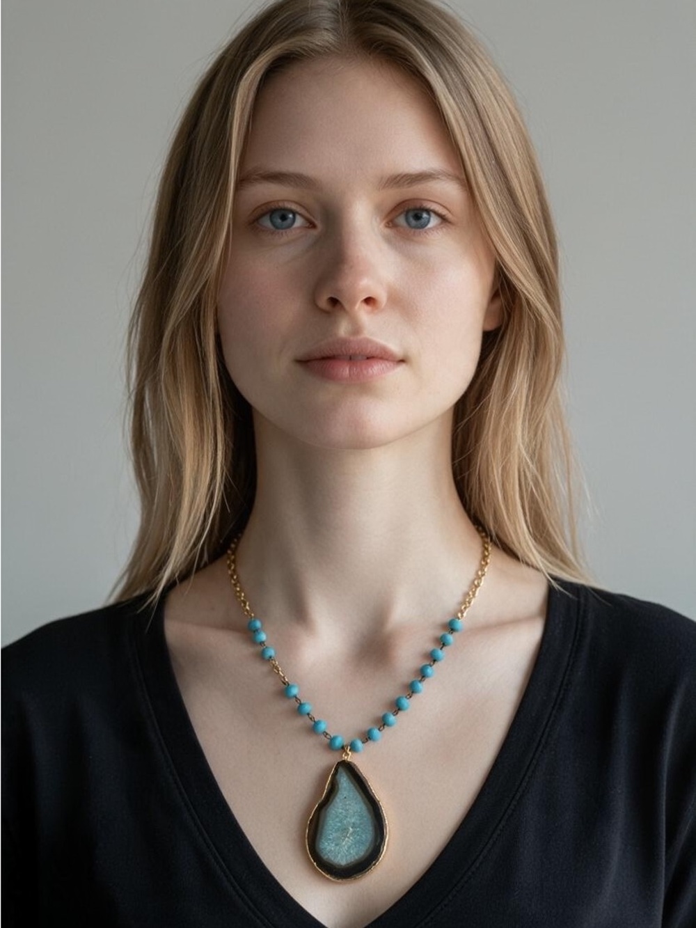 11/6 Gold Chain Necklace with Turquoise Beads and Teardrop Pendant
